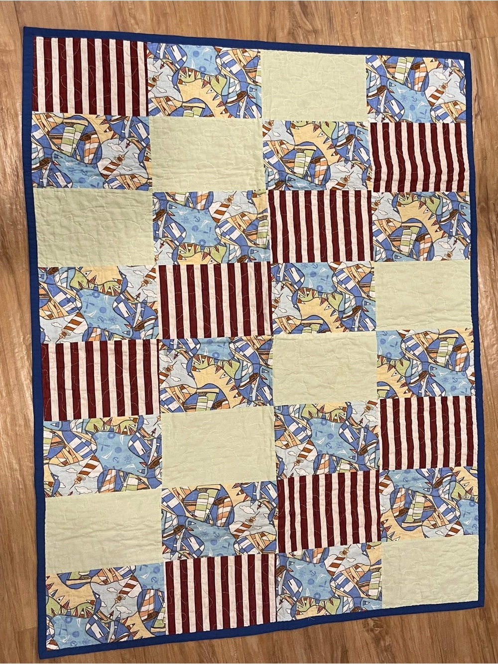 Handmade Nautical Theme Red White Blue Cottage Core 32.5” X 42.5” Baby Quilt